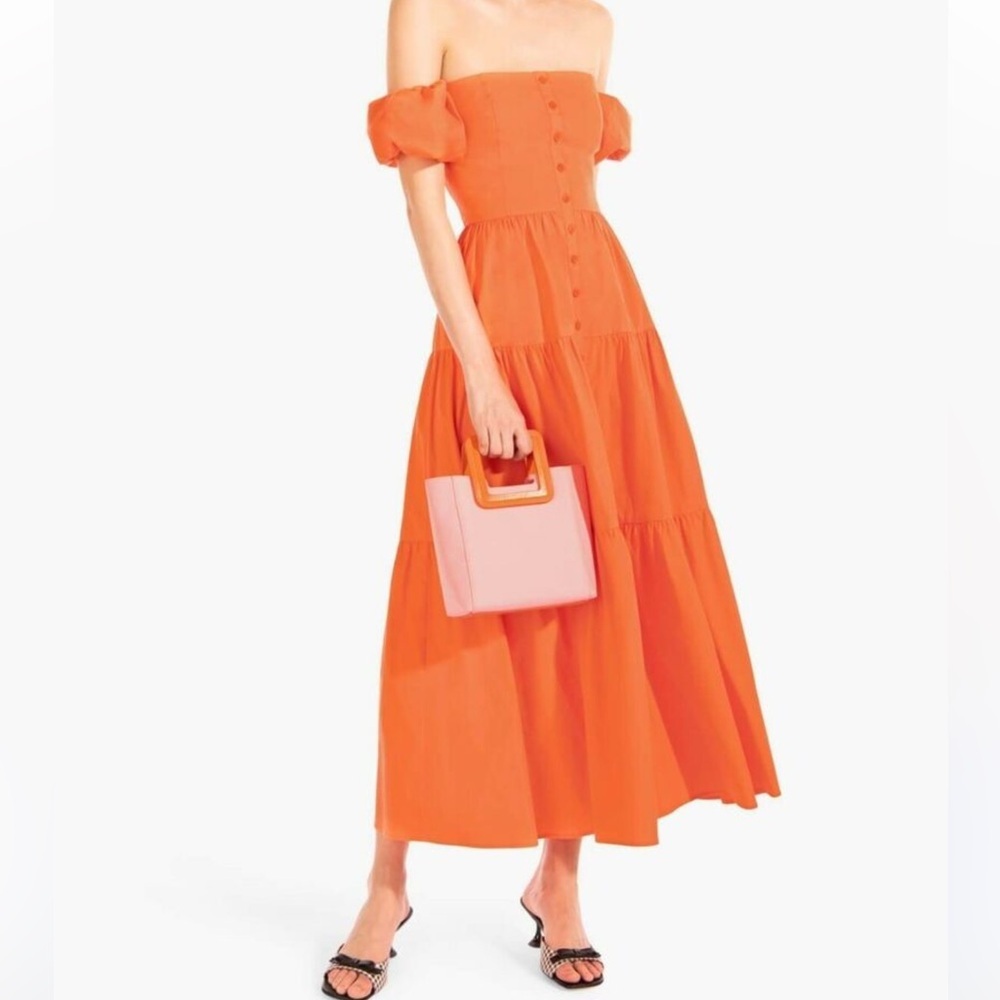 Staud Elio Orange Off The Shoulder Puff Sleeve Midi Dress Size 8 Peasant Preppy
